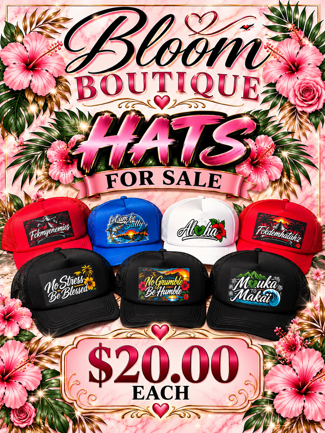 Bloom Boutique hat collection artwork showing Aloha, Let Um Be Salty, No Stress Be Blessed, No Grumble Be Humble and Mauka to Makai designs